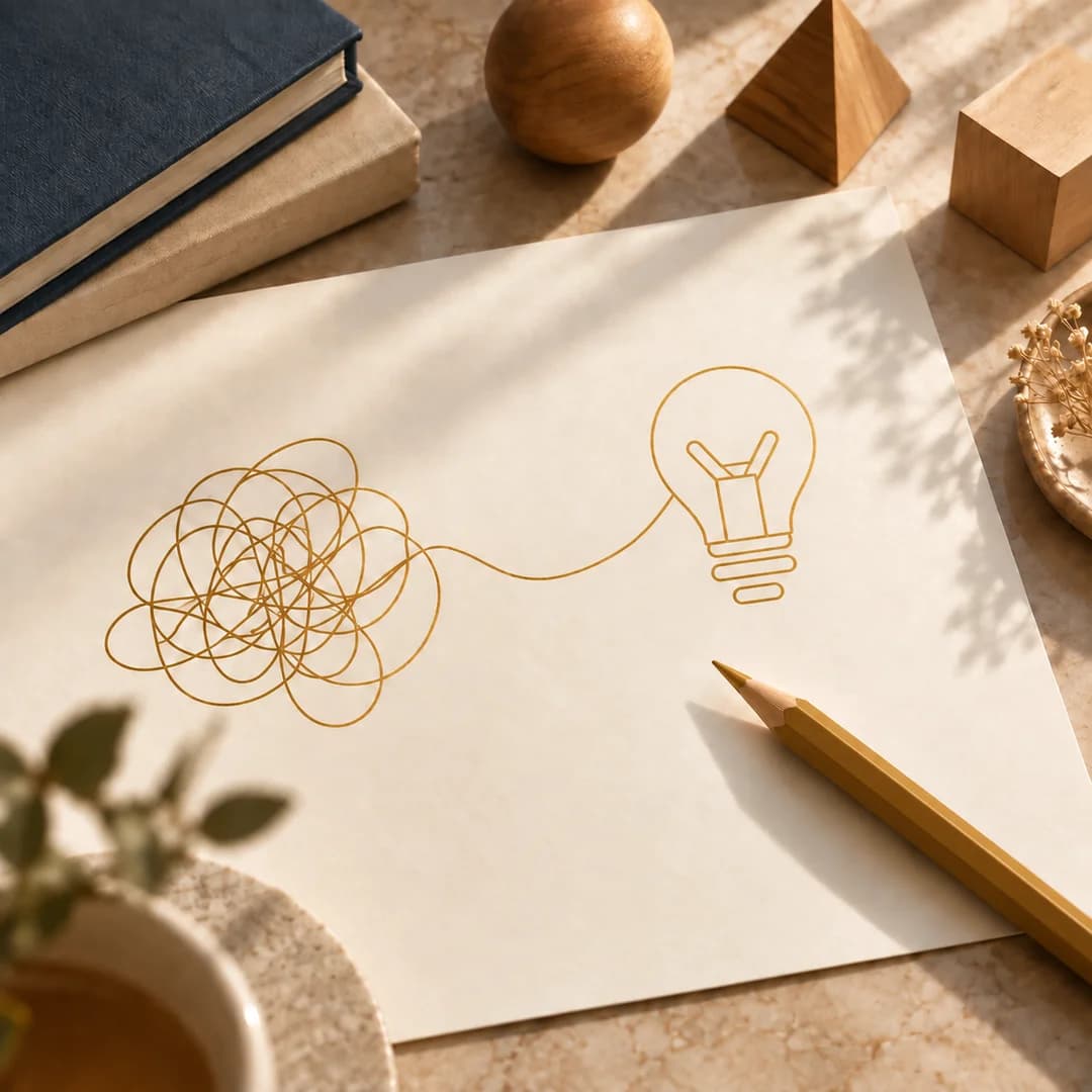 Aus einem goldenen Gedankenknäuel entsteht auf einem Lernblatt eine Glühbirne – daneben liegen ein goldfarbener Stift und geometrische Körper.